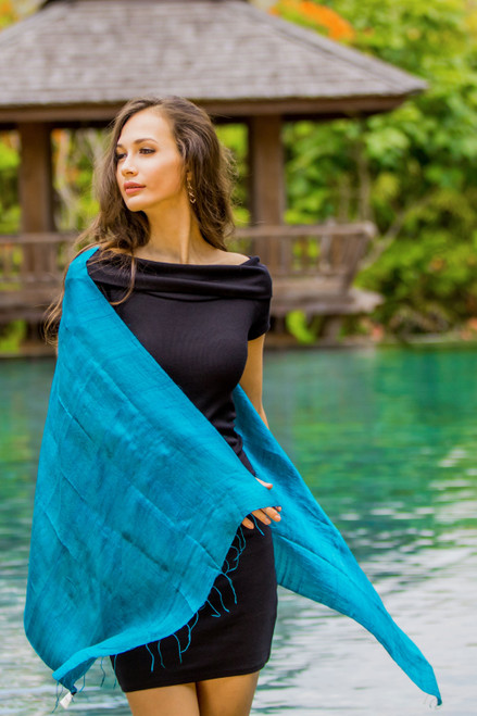 Handwoven Fringed Silk Shawl in Teal from Thailand 'Comforting Teal'