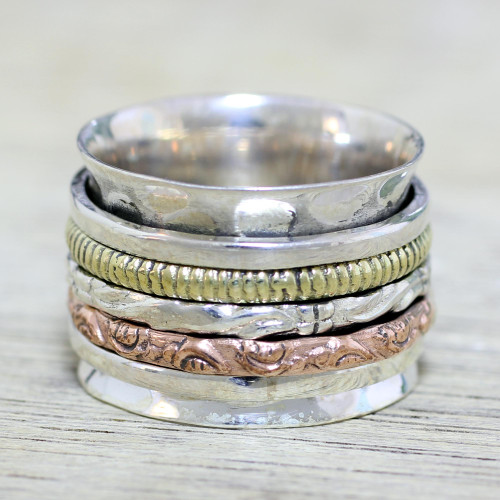 Sterling Silver Copper and Brass Textured Spinner Ring 'Five Senses'