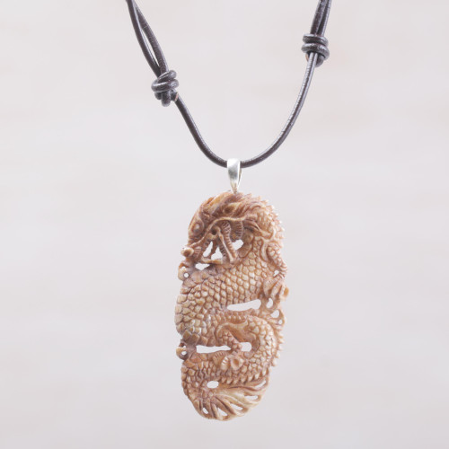 Bone and Leather Dragon Pendant Necklace from Indonesia 'Snarling Dragon'