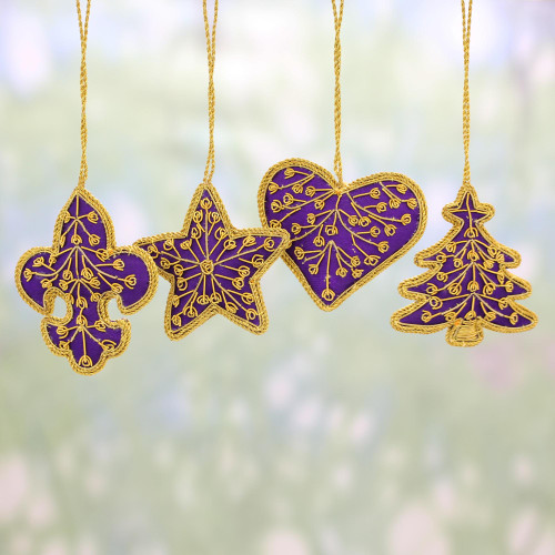 Set of Four Zari Embroidered Purple Ornaments from India 'Purple Christmas'