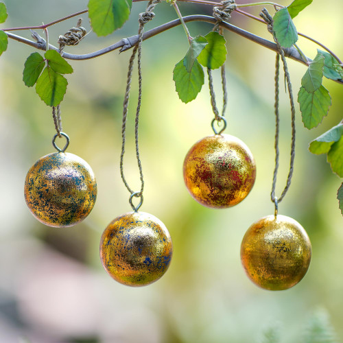 Four Round Gold Tone Albesia Wood Ornaments from Bali 'Golden Baubles'