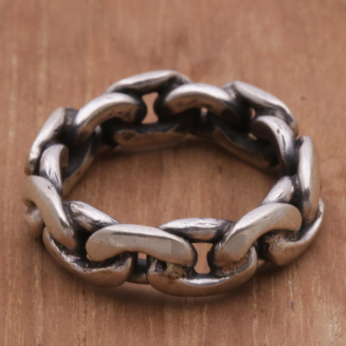 Sterling Silver Unisex Chain Motif Band Ring from Indonesia 'Family Links'