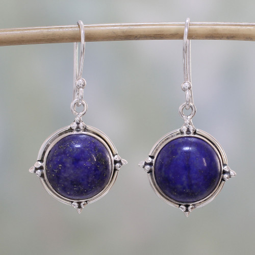 Lapis Lazuli and Sterling Silver Dangle Earrings from India 'Alluring Speckles'