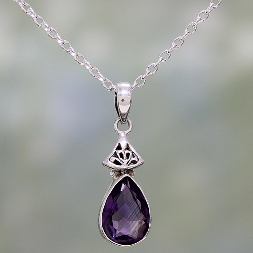 Faceted Amethyst and Sterling Silver Necklace from India 'Lavender Drop'