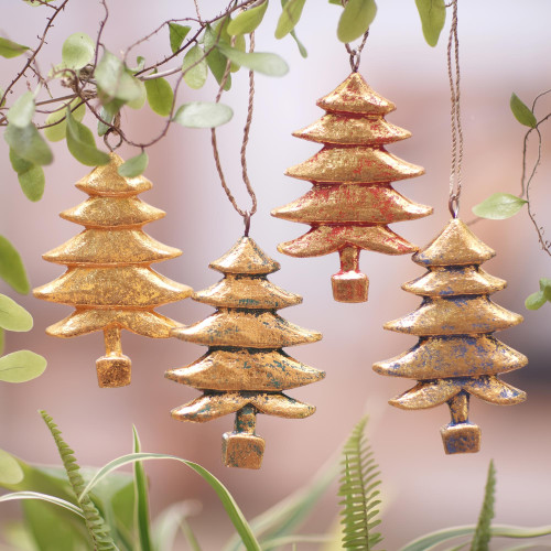 Four Gold Tone Albesia Wood Tree Ornaments from Bali 'Golden Trees'