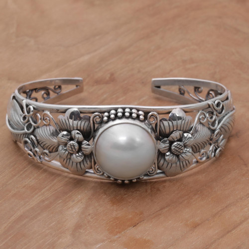 Floral Cultured Pearl Cuff Bracelet and 925 Silver from Bali 'Moonlight Vines'