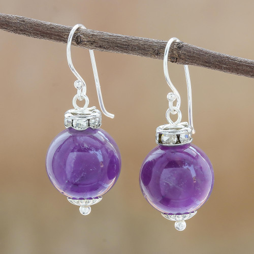 Amethyst and 925 Silver Dangle Earrings from Thailand 'Perfect Orbs'