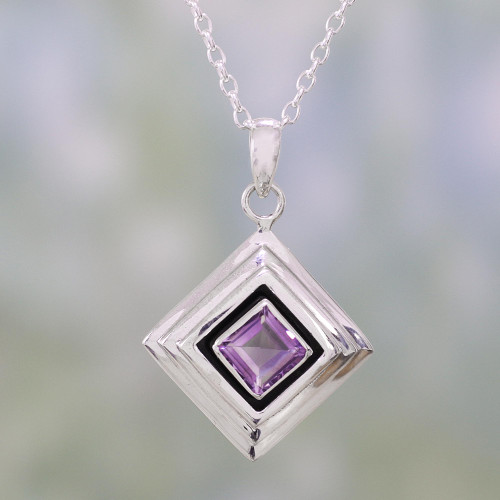 Amethyst and Sterling Silver Modern Necklace from India 'Feminine Purple'