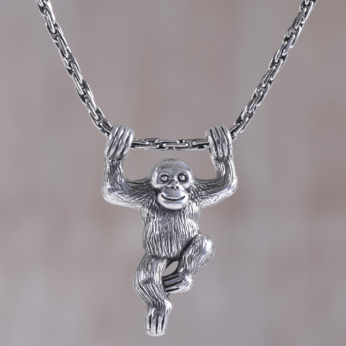 Sterling Silver Monkey Pendant Necklace from Indonesia 'Monkey Charm'