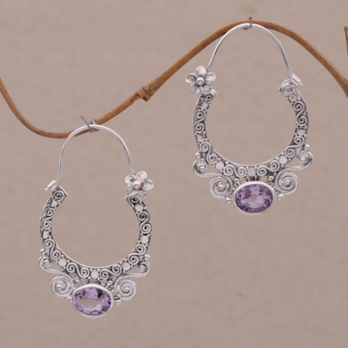 Amethyst and Sterling Silver Floral Hoop Earrings from Bali 'Spiral Arches'