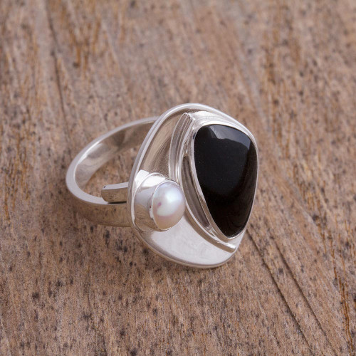 Obsidian and Cultured Pearl Cocktail Ring from Mexico 'Artistic Moon'