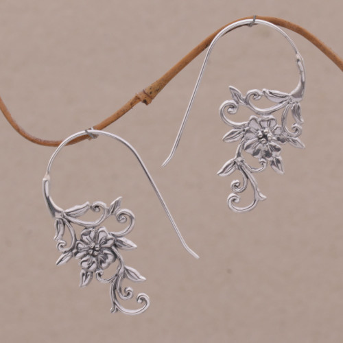 Indonesian Handmade Sterling Silver Flower Drop Earrings 'Floral Vines'