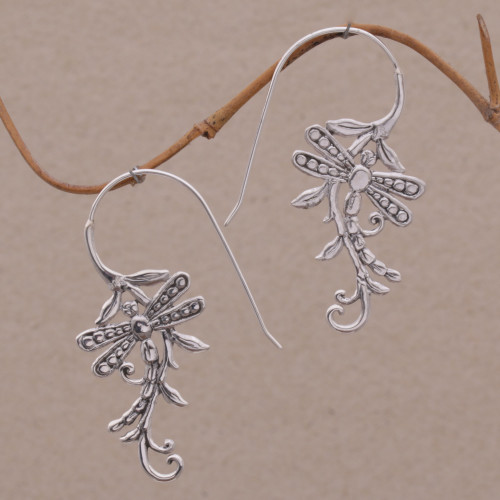 Indonesian Handmade Sterling Silver Dragonfly Drop Earrings 'Dragonfly Allure'