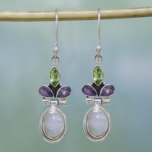 Rainbow Moonstone, Amethyst and Peridot Earrings from India 'Eternal Charisma'