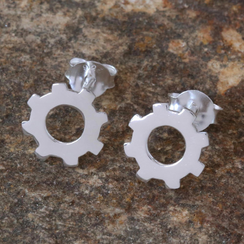 Silver Gear Earrings with High Polish Finish from Thailand 'Gears Turning'