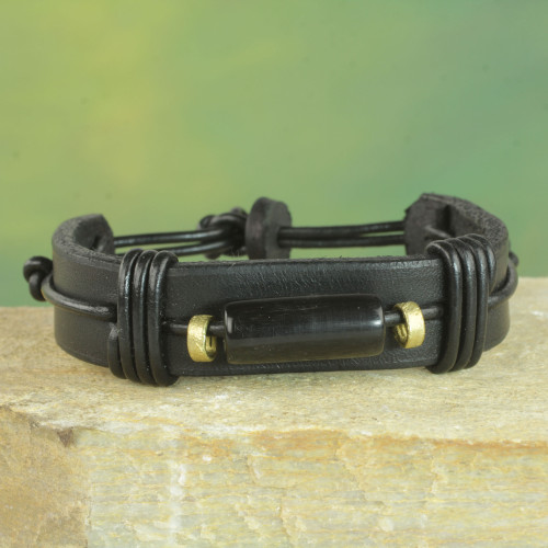 Men's Horn and Leather Wristband Bracelet from Ghana 'Natural Fusion in Black'