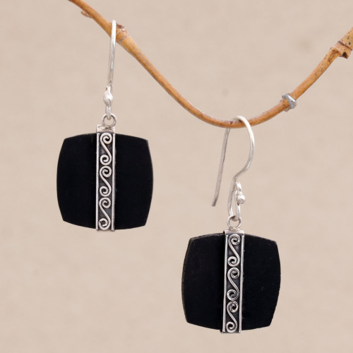 Sterling Silver and Lava Stone Spiral Motif Dangle Earrings 'Temple Bands'