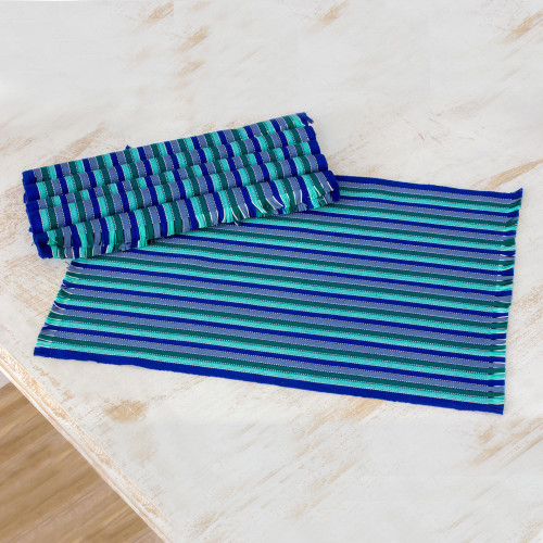Set of Six Striped Cotton Placemats in Blue from Guatemala 'Colors of the Sea'