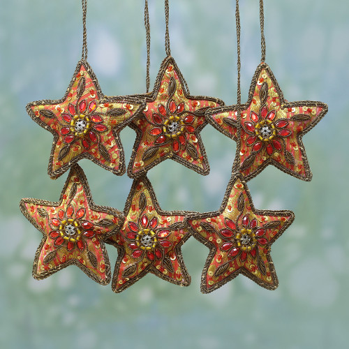 Set of Six Beaded Star Ornaments from India 'Brilliant Stars'