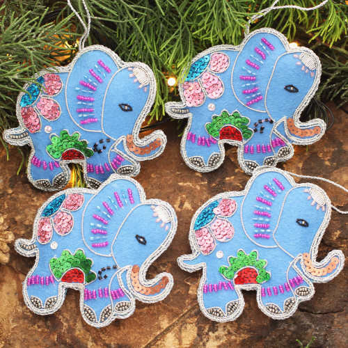 Set of Four Wool Beaded Elephant Ornaments from India 'Cerulean Elephants'