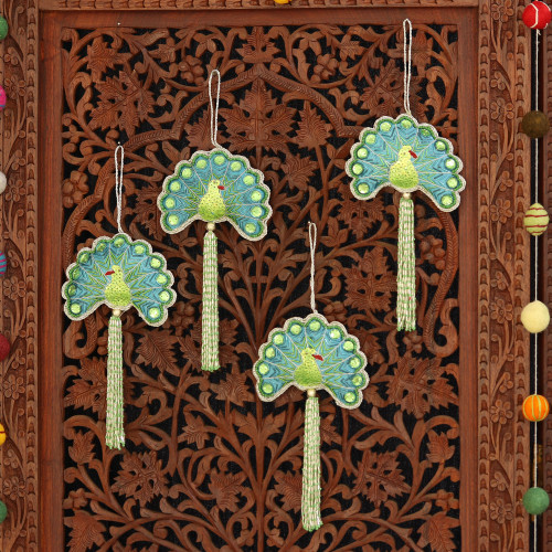 Set of Four Beaded Peacock Ornaments from India 'Glorious Peacocks'