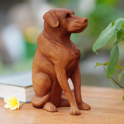 Hand-Carved Suar Wood and Onyx Dog Sculpture from Bali 'Begging Dog' Hand-Carved Suar Wood and Onyx Dog Sculpture from Bali 'Begging Dog'