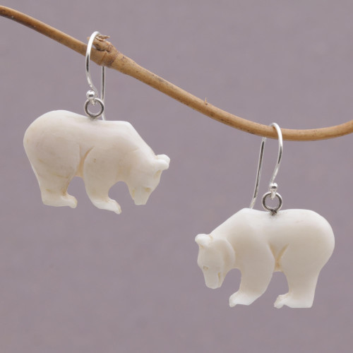 Handcrafted Bone Grizzly Bear Dangle Earrings from Bali 'Grizzly Brothers'