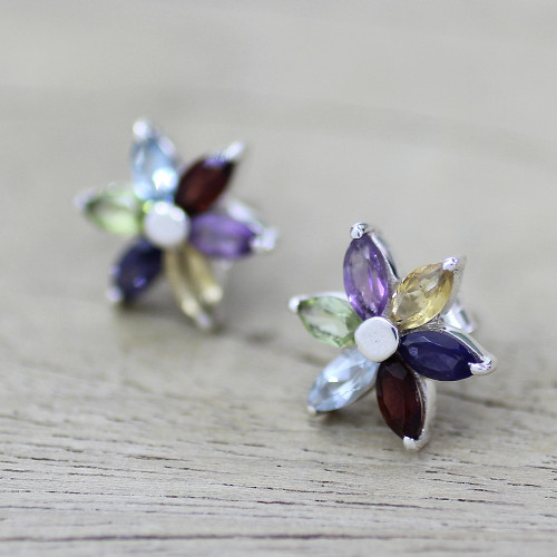 Floral Earrings in Sterling Silver and Natural Gemstones 'Paradise in Bloom'