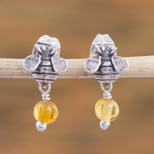 Sterling Silver Amber Honeybee Post Earrings Crafted Mexico 'Bee Sweet'