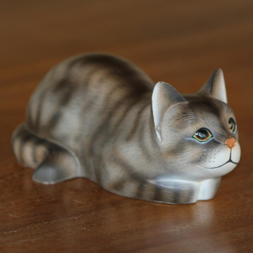 Resting Wood Cat Sculpture in Grey and White from Bali 'Resting Kitty'