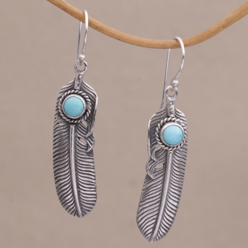 Turquoise and 925 Silver Feather Dangle Earrings from Bali 'Turquoise Transcendence'