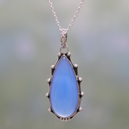 Chalcedony and Sterling Silver Pendant Necklace from India 'Peaceful Blues'