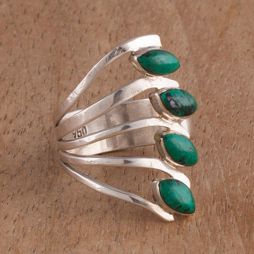 Chrysocolla and 950 Silver Leaf Multi Stone Ring from Peru 'Radiant Leaves'