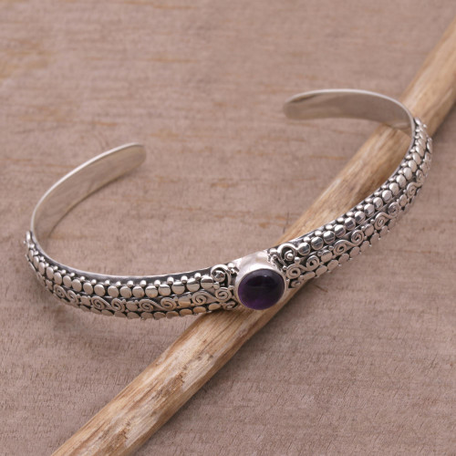 Amethyst and Sterling Silver Cuff Bracelet from Bali 'Swirling Altar'