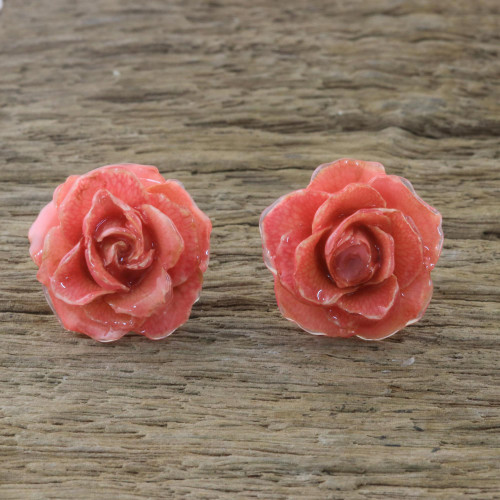 Natural Rose Button Earrings in Pink from Thailand 'Flowering Passion in Pink'