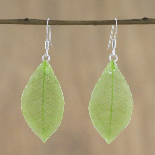 Natural Leaf Dangle Earrings in Sap Green from Thailand 'Stunning Nature in Sap Green'