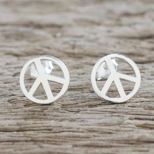 Handcrafted Sterling Silver Stud Earrings with Peace Sign 'Sign of Peace'