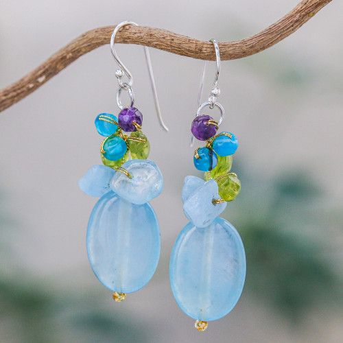 Blue Quartz Multi-Gemstone Dangle Earrings from Thailand 'Light Blue Princess'