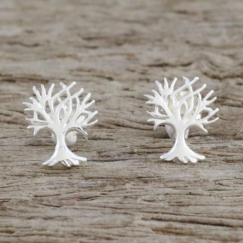 Sterling Silver Tree-Shaped Stud Earrings from Thailand 'Branches Above'