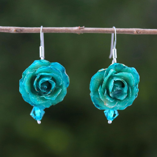 Natural Rose Dangle Earrings in Green from Thailand 'Floral Temptation in Green'