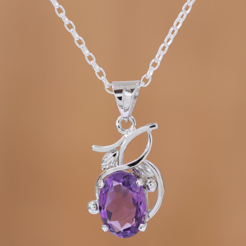 Amethyst Pendant Rhodium Plated Sterling Silver Necklace 'Lilac Queen'