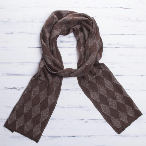 Men's Knit Alpaca Blend Scarf with Brown Diamond Patterns 'Diamond Brown'