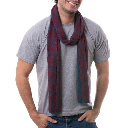 Men's Alpaca Blend Scarf in Teal and Cherry from Peru 'Diamond Sophistication'