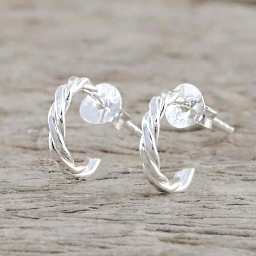 Thai Artisan Crafted Sterling Silver Half Hoop Earrings 'Intricately Minimal'