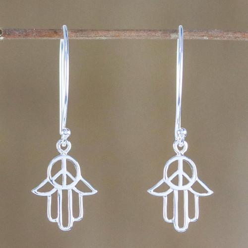 Sterling Silver Hamsa Peace Sign Earrings from Thailand 'Peaceful Hamsa'