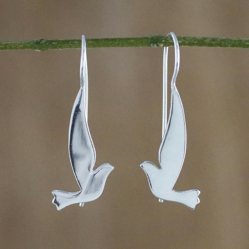 Sterling Silver Shining Dove Drop Earrings from Thailand 'Friendly Doves'