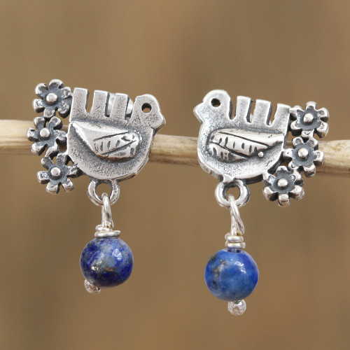 Floral Dove Lapis Lazuli Dangle Earrings from Mexico 'Lapis lazuli dangle earrings'