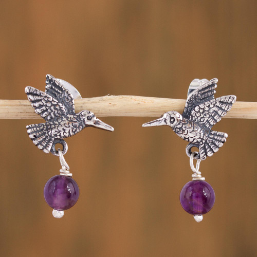 Amethyst and Silver Bird Dangle Earrings from Mexico 'Avian Tranquility'