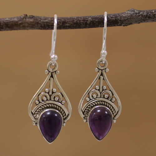 Amethyst and Sterling Silver Dangle Earrings from India 'Crowned Drops'