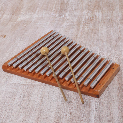 Balinese Handmade Teak Wood and Stainless Steel Xylophone 'Chiming Joy'